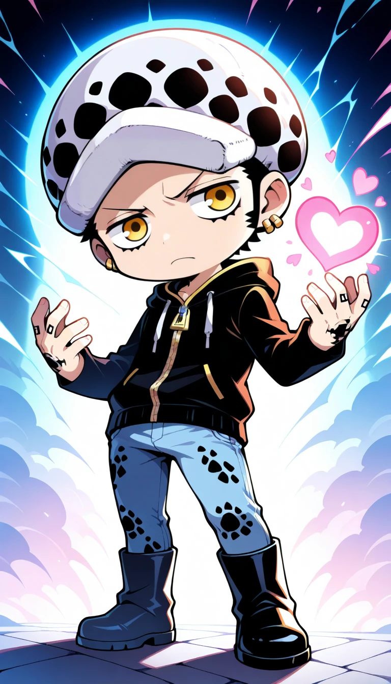 Anime wallpaper for prompt: Chibi Trafalgar Law holding a heart-shaped orb, his serious expression exaggerated cutely.