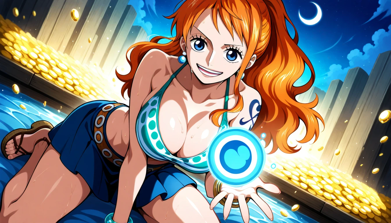 Anime wallpaper for prompt: Nami holding a glowing pearl, curiosity lighting her expression.