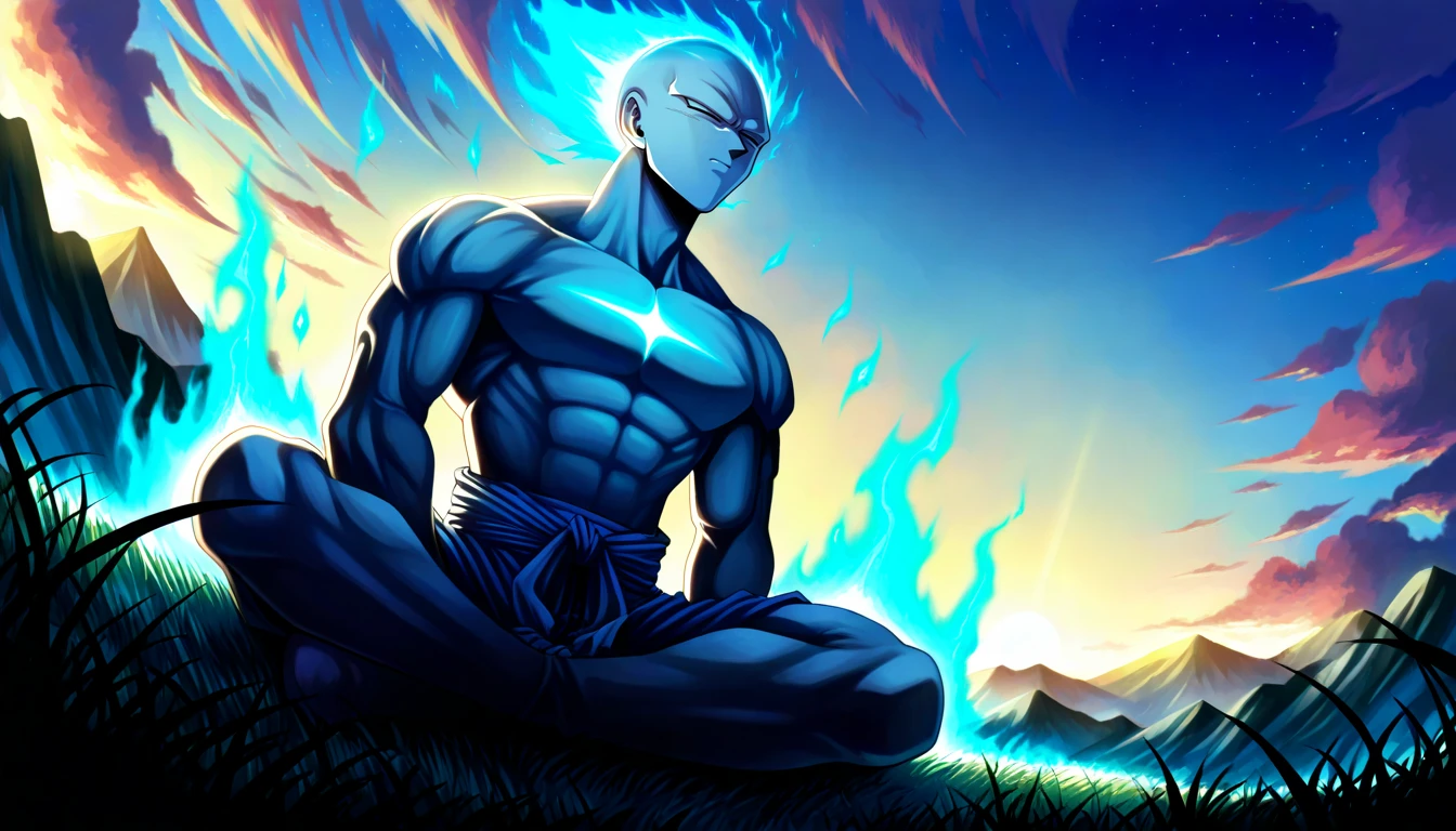 Anime wallpaper for prompt: Goku meditating on a mountaintop at sunrise.