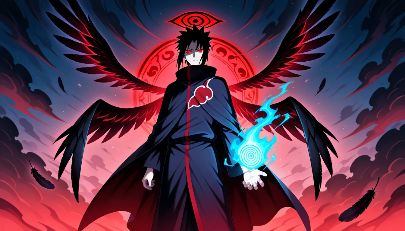 Anime wallpaper for prompt: Itachi summoning a spectral crow from a glowing vortex.