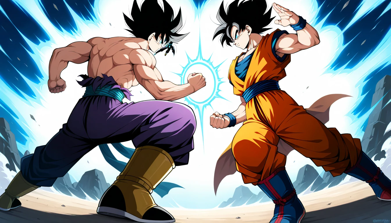 Anime wallpaper for prompt: Goku sparring with his shadow clone in a glowing blue dimension.