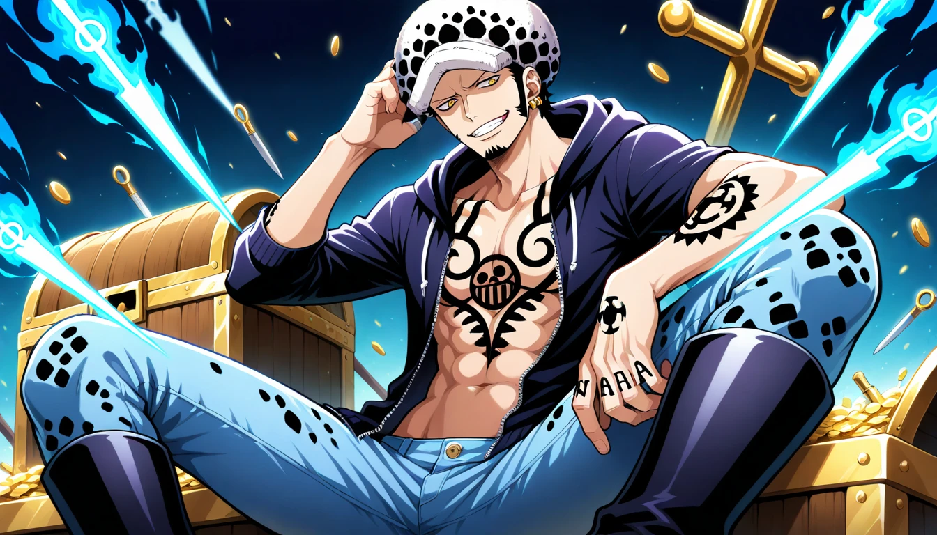 Anime wallpaper for prompt: Trafalgar Law sitting on a treasure chest, glowing medical tools floating in his Room.