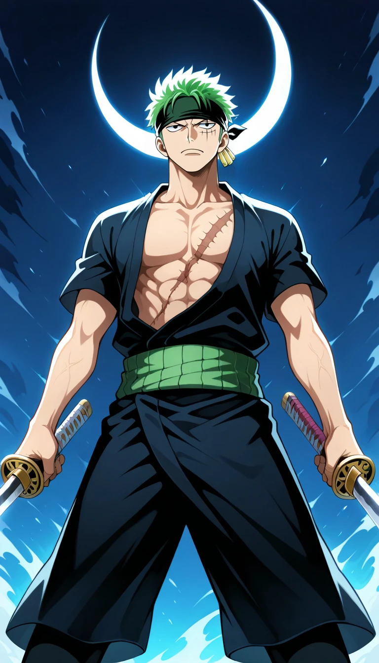 Anime wallpaper for prompt: Zoro under a crescent moon, holding his katana, shadows framing him.