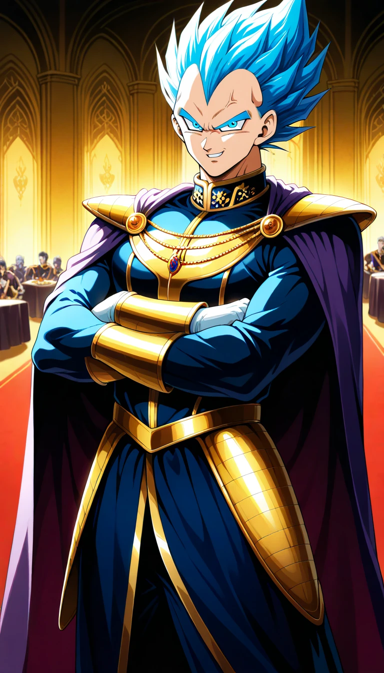 Anime wallpaper for prompt: Vegeta at a Saiyan royal feast, arms crossed with a dominant smirk.