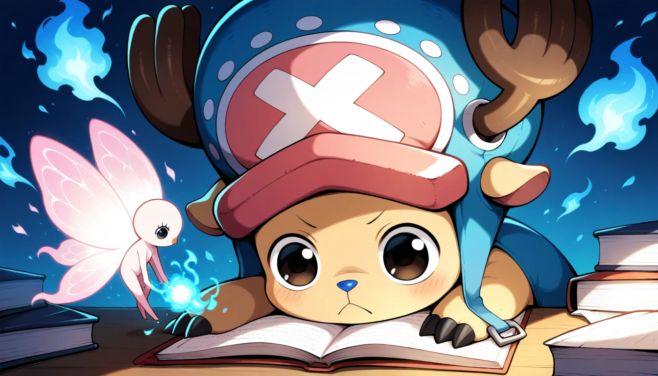 Anime wallpaper for prompt: Chibi Chopper studying a glowing herb atop medical books.