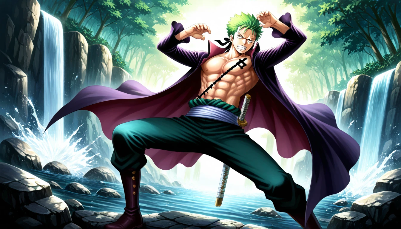 Anime wallpaper for prompt: Zoro balancing on a massive waterfall's edge, in a three-sword pose.