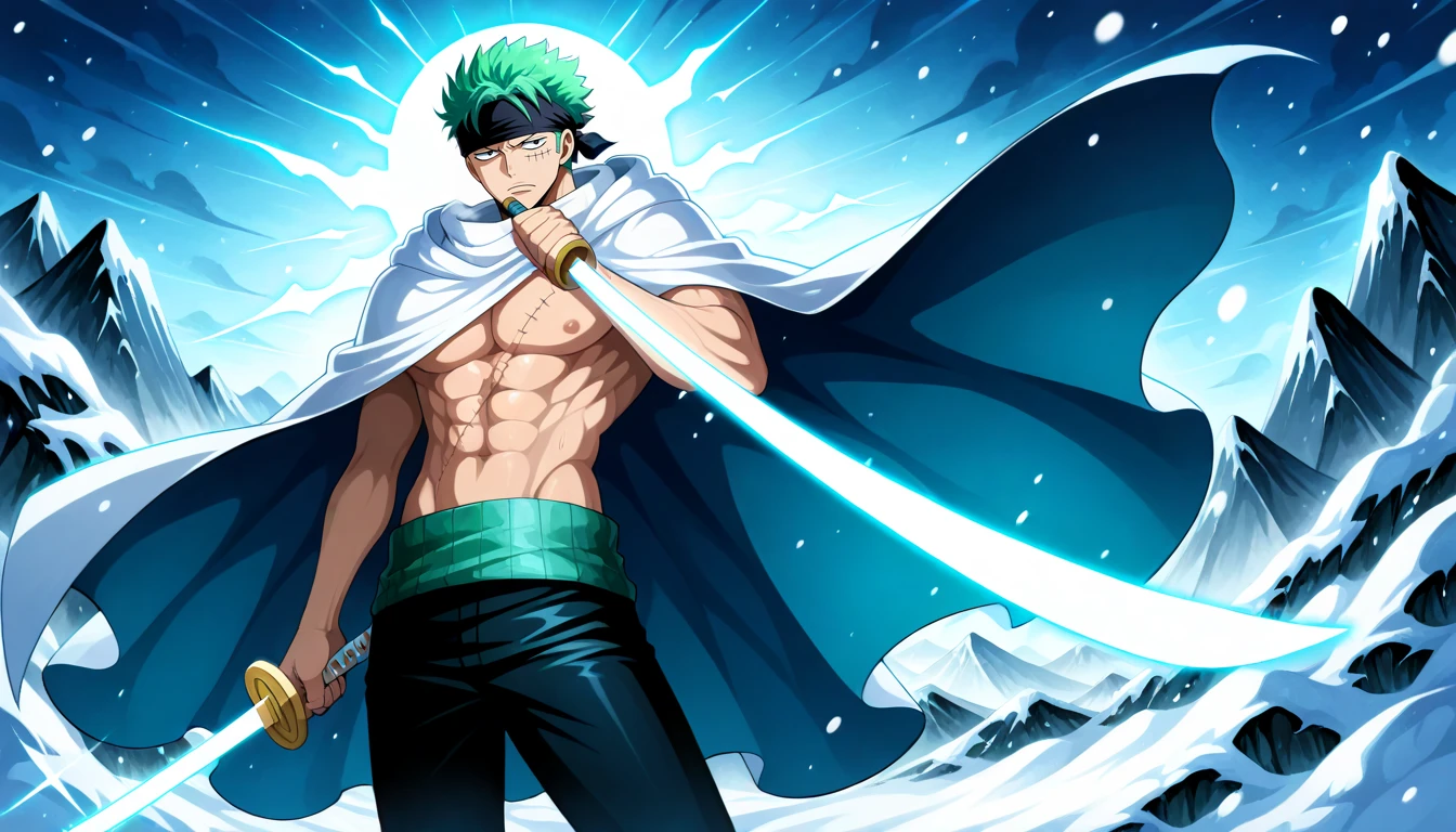 Anime wallpaper for prompt: Zoro on a snowy peak, cloak billowing, swords faintly glowing.