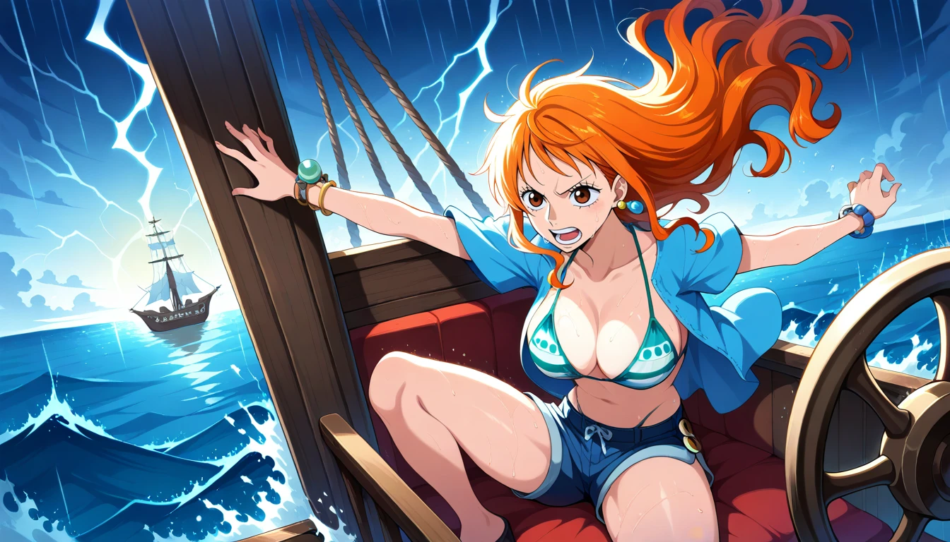 Anime wallpaper for prompt: Nami steering Thousand Sunny, Clima-Tact glowing as a storm brews.