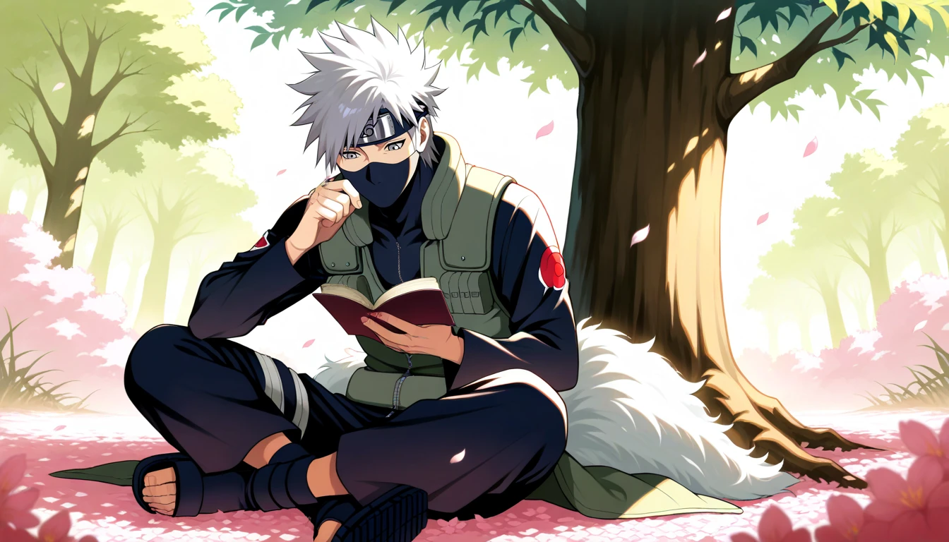 Anime wallpaper for prompt: Kakashi under drifting sakura petals, reading by a tree.