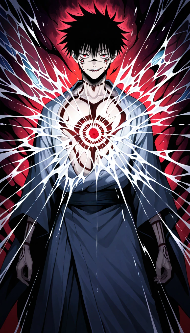 Anime wallpaper for prompt: Sukuna amidst shattered mirrors, his distorted reflection grinning.