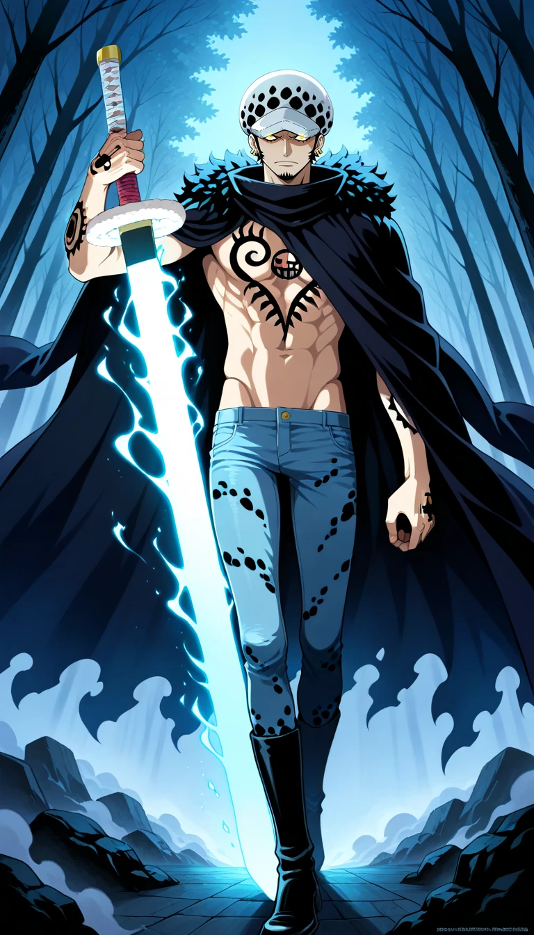 Anime wallpaper for prompt: Trafalgar Law walking through a misty forest, his sword glowing faintly as the fog parts ahead.