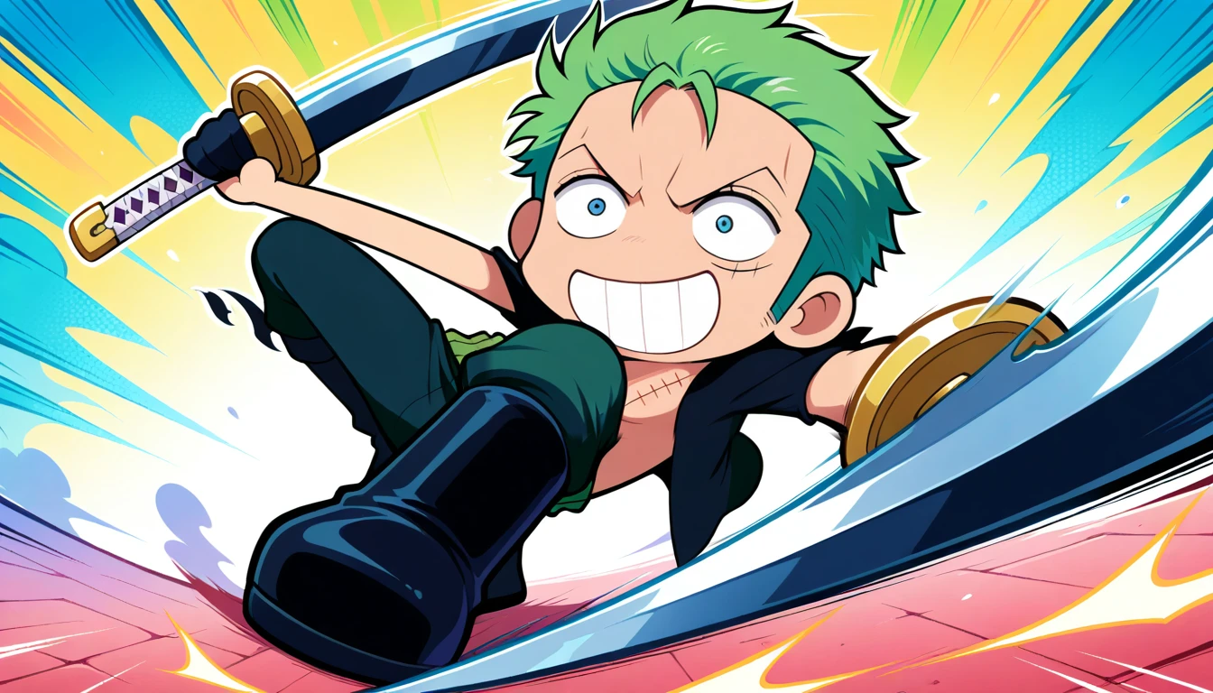 Anime wallpaper for prompt: Chibi Zoro fighting bandits in a cartoonish battle.
