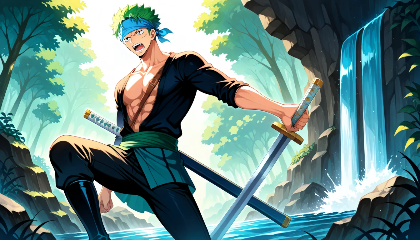 Anime wallpaper for prompt: Zoro training near a roaring waterfall, mist glowing in soft sunlight.