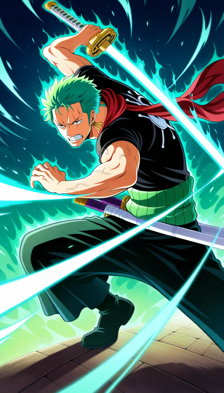 Anime wallpaper for prompt: Zoro mid-air, performing a glowing three-sword attack.