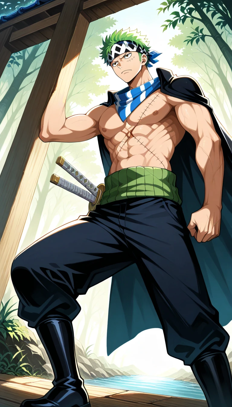 Anime wallpaper for prompt: Zoro crossing a rope bridge, confidently carrying three swords.