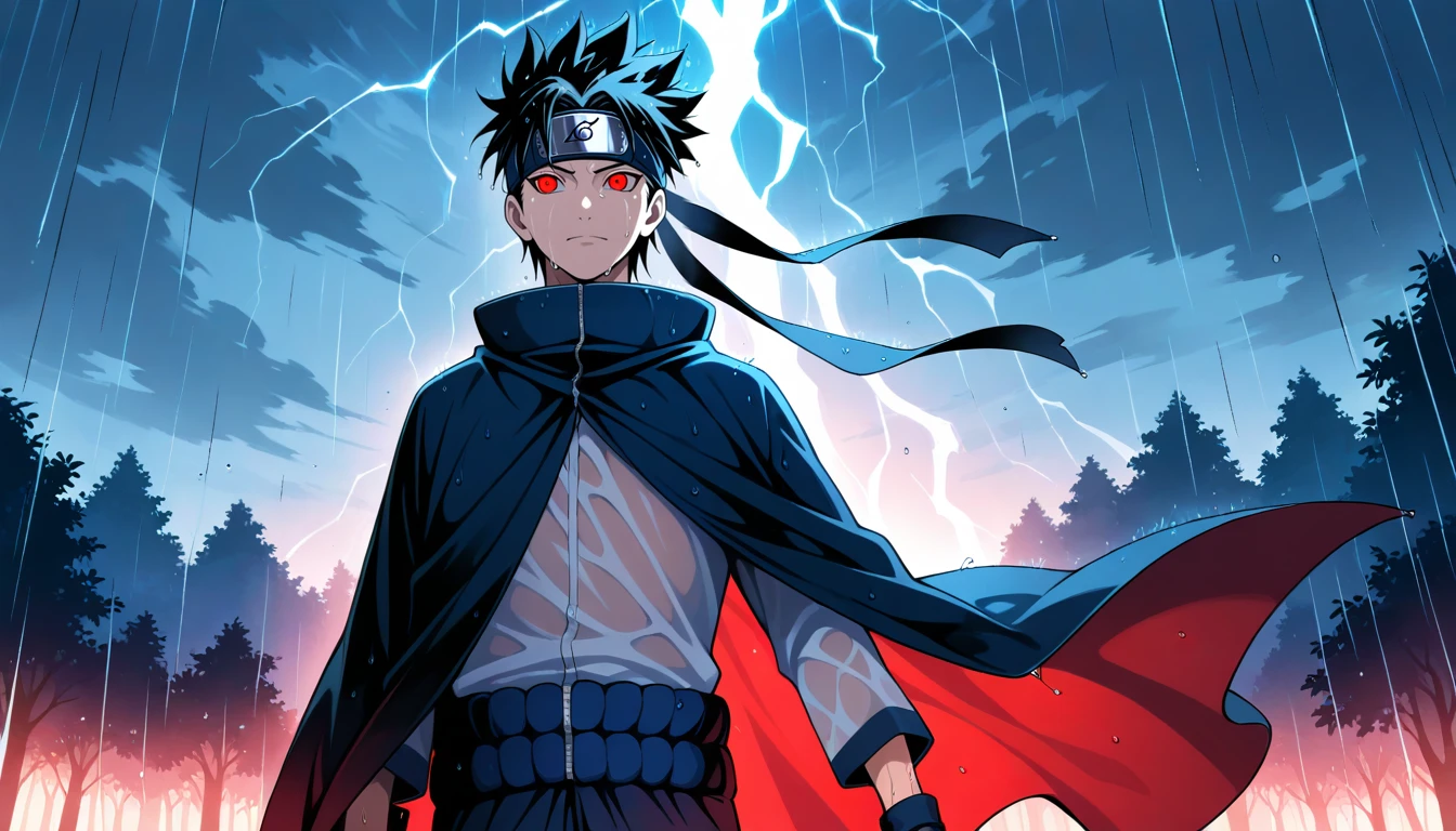 Anime wallpaper for prompt: Itachi with a kunai in the rain, calm and intense in faint lightning.