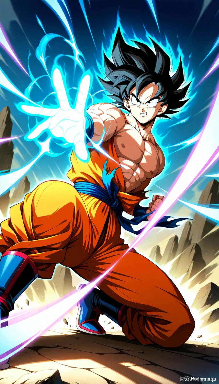 Anime wallpaper for prompt: Goku performing a Kamehameha with energy spiraling outward.