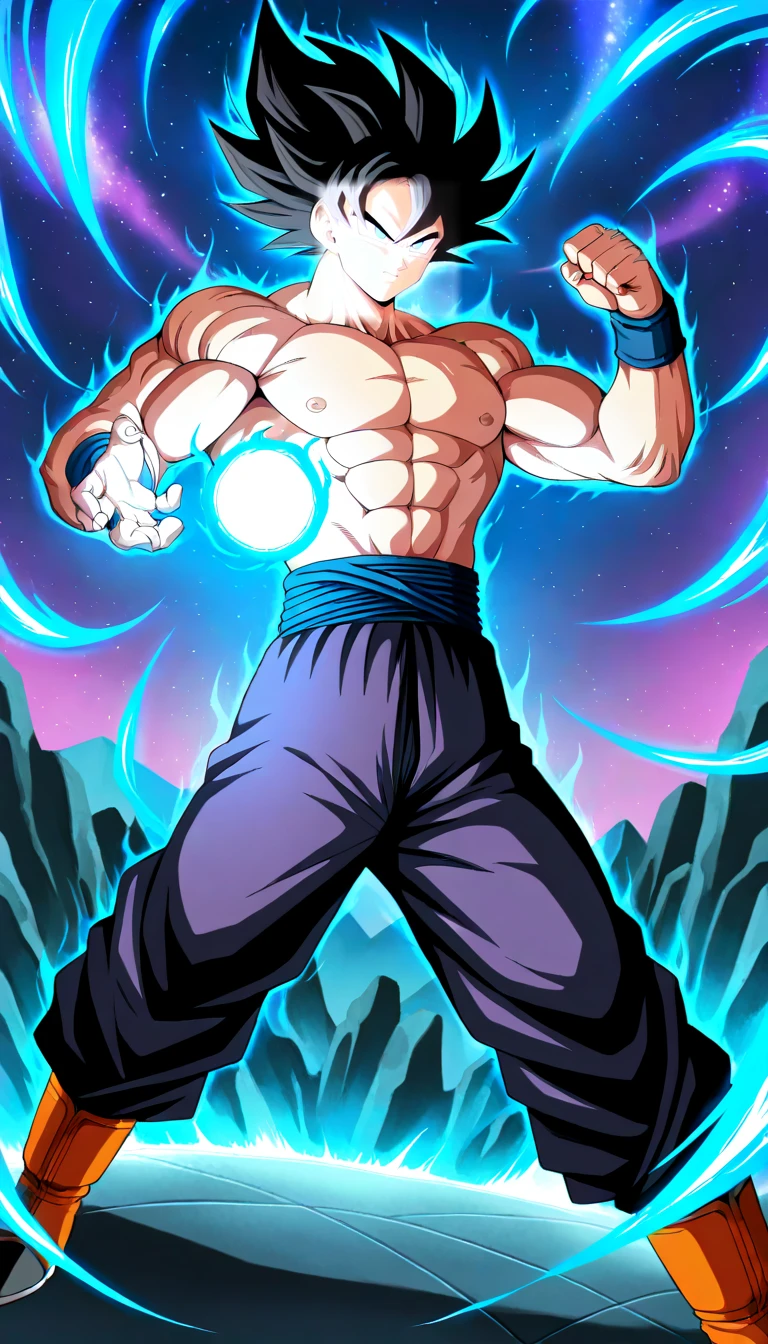 Anime wallpaper for prompt: Goku unleashing Spirit Bomb with swirling galaxies behind him.