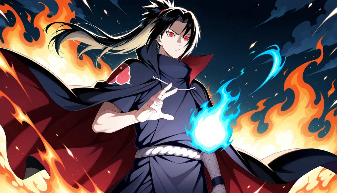 Anime wallpaper for prompt: Itachi performing fireball jutsu, flames illuminating the night.