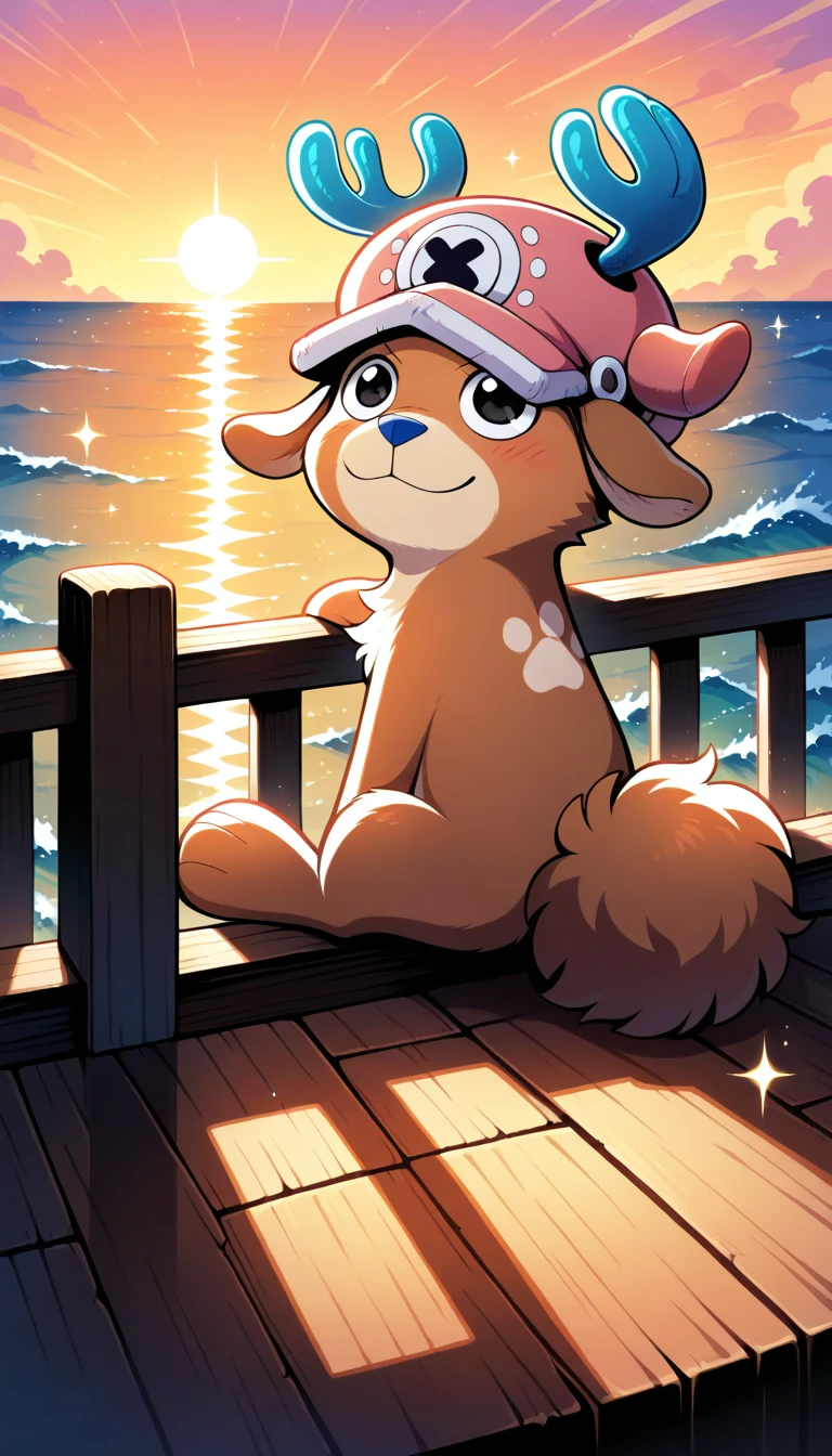Anime wallpaper for prompt: Chopper on Thousand Sunny’s railing, enjoying the ocean sunset.