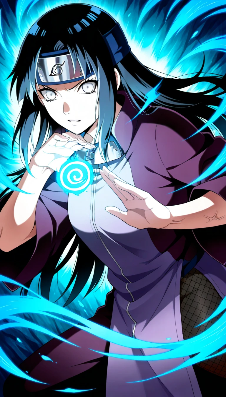 Anime wallpaper for prompt: Hinata mid-battle, Byakugan active, chakra strikes rippling outward.