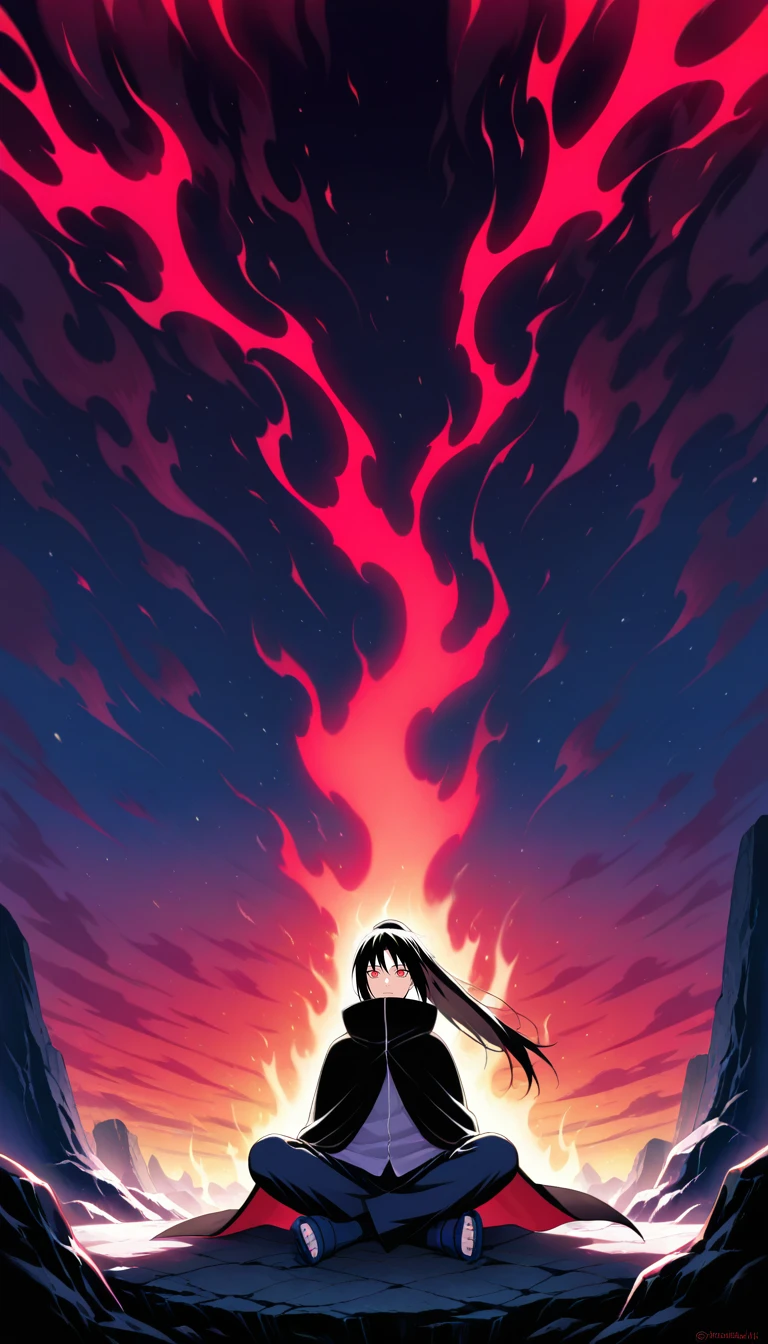Anime wallpaper for prompt: Itachi meditating in a glowing cave with mysterious symbols.