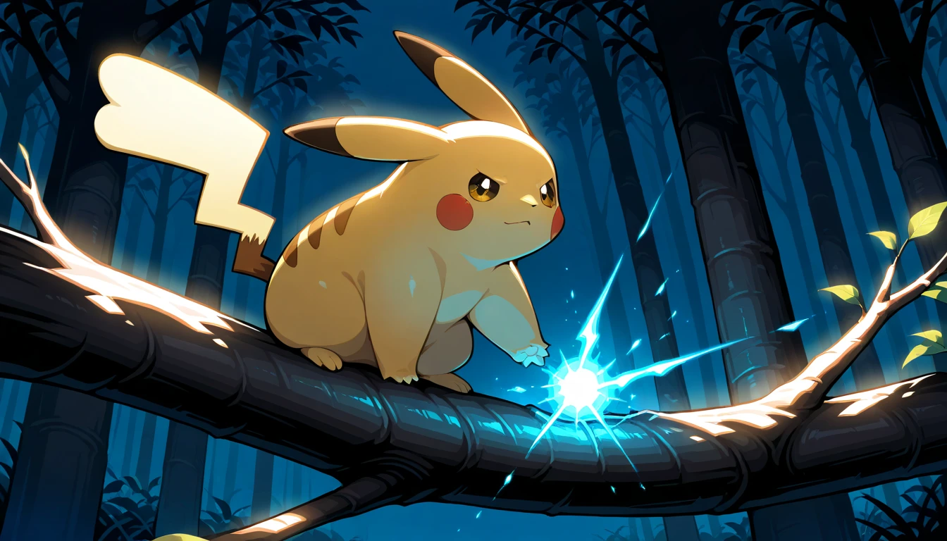 Anime wallpaper for prompt: Pikachu perched on a tree branch, tail lighting the shadows below.